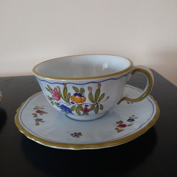 PV Peasant Village Two Cup Saucer Sets Blue Floral Italian Handmade Pottery - Picture 6 of 11